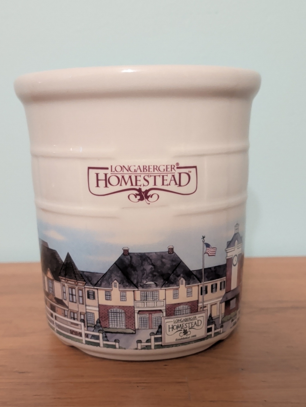 Longaberger Homestead Ceramic Utensil Crock - Cream with Town Illustration